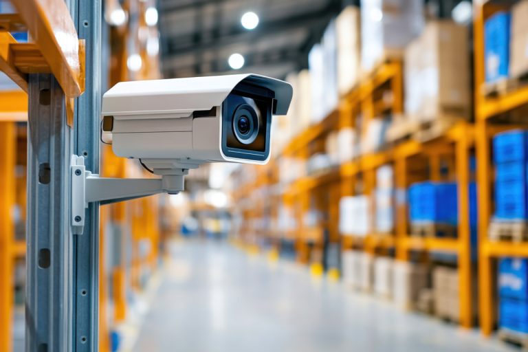 A security camera monitors a warehouse in the background.